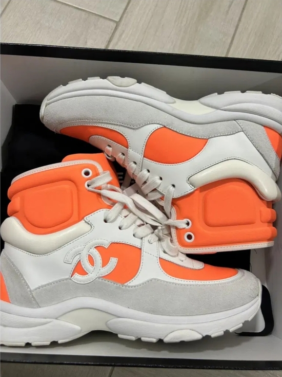 CHANEL Shoes - Chanel Orange & White High-Top Trainers